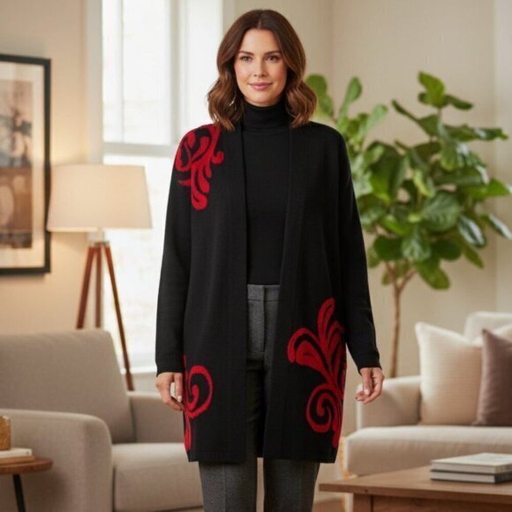 NWOT Chico's Women's Red and Black Scroll Open Cardigan L